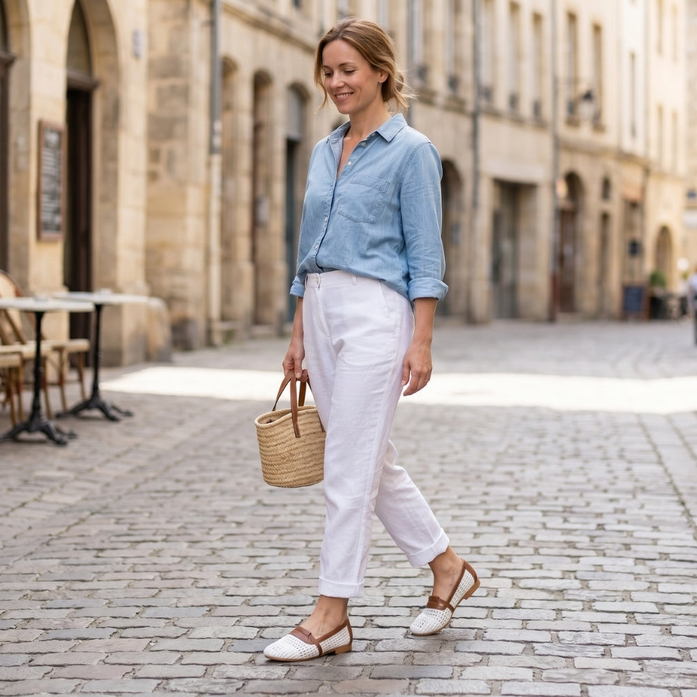 Gevlochten ballerina loafers in wit en cognac voor dames