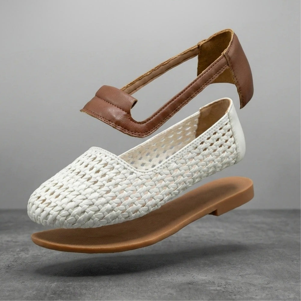Gevlochten ballerina loafers in wit en cognac voor dames