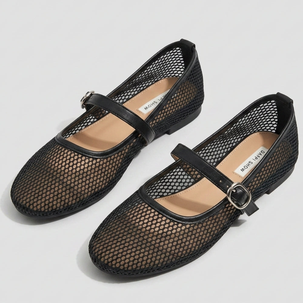 Ballerina loafers voor dames, Mary Jane in netstof met bandje