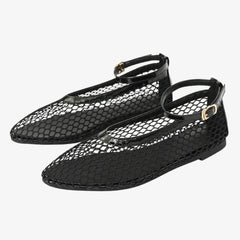 Ballerina loafers van net met enkelbandje voor dames, Zwart