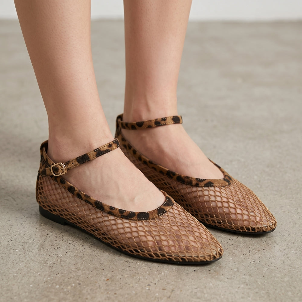 Ballerina loafers van netstof voor dames met luipaardprint en bandje