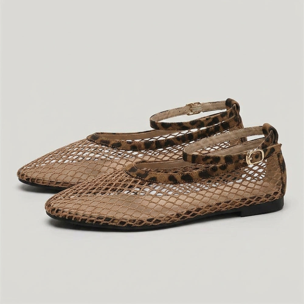 Ballerina loafers van netstof voor dames met luipaardprint en bandje