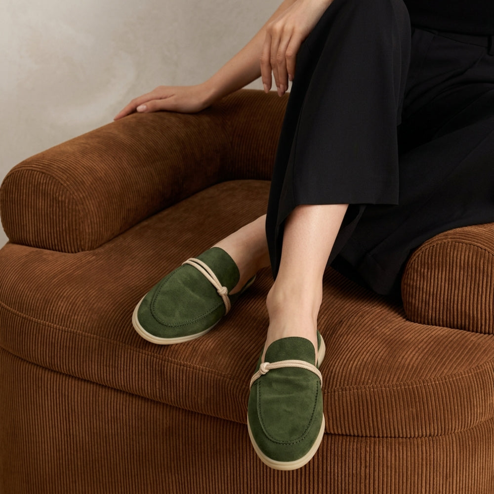 Loafer muiltjes van suèdeleer voor dames met zeemansknoop