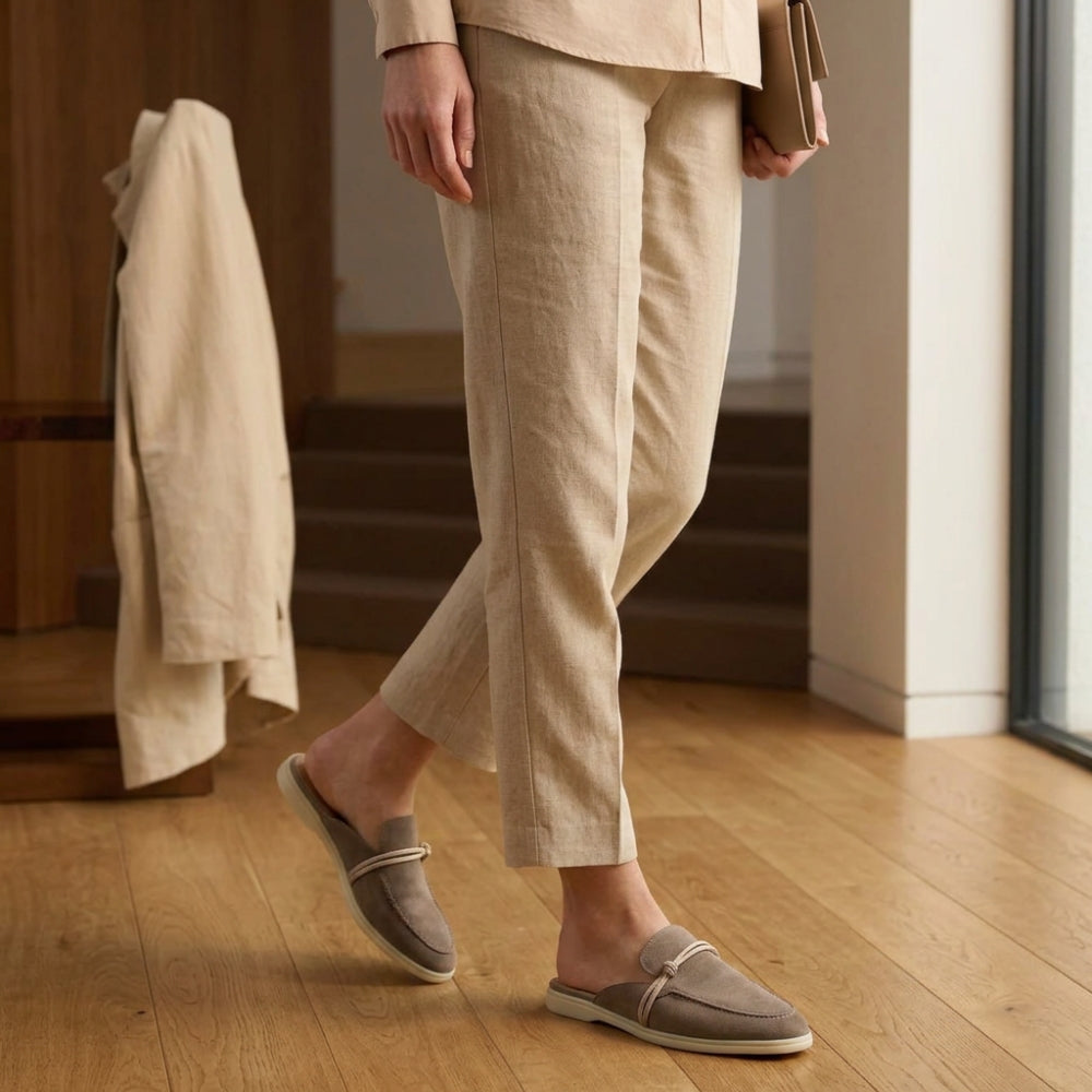 Loafer muiltjes van suèdeleer voor dames met zeemansknoop