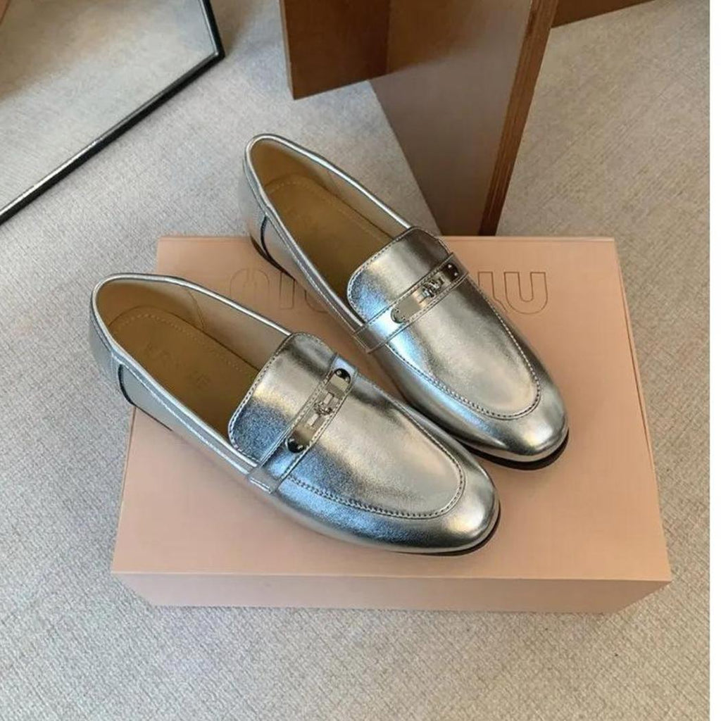 Zilveren loafers met vierkante hak voor dames