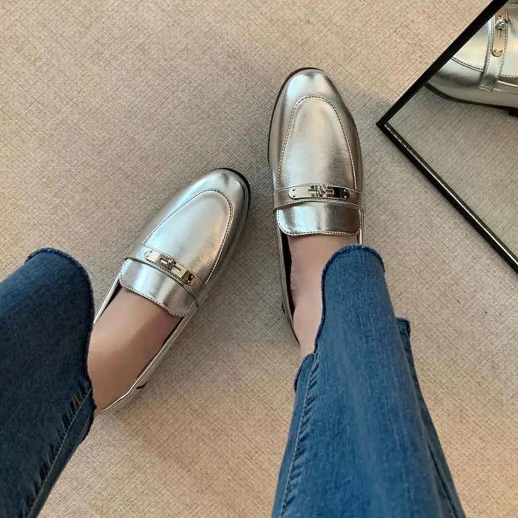 Zilveren loafers met vierkante hak voor dames