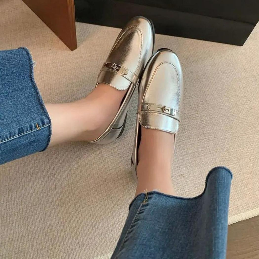 Zilveren loafers met vierkante hak voor dames