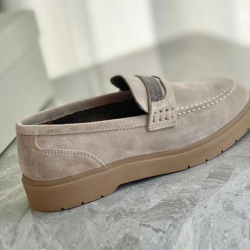 Grijze dames loafers van echt suède