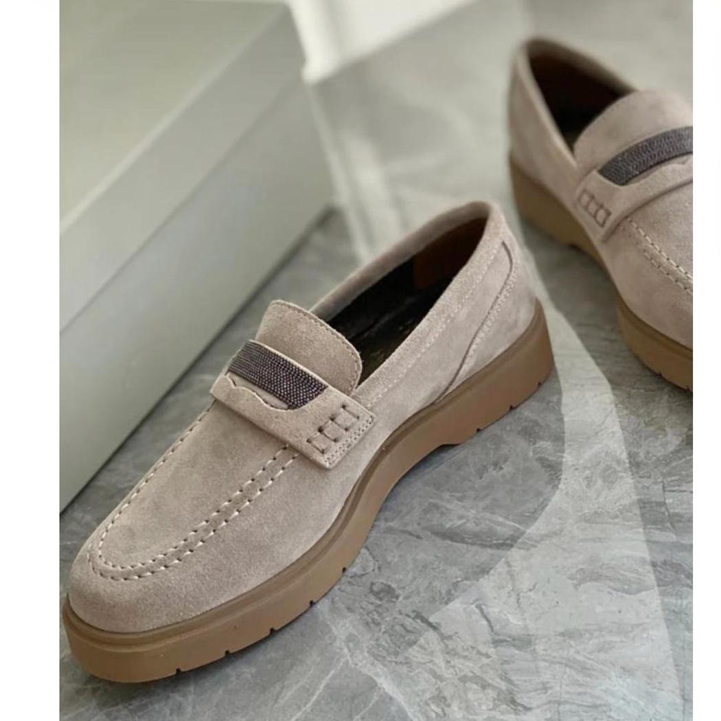 Grijze dames loafers van echt suède