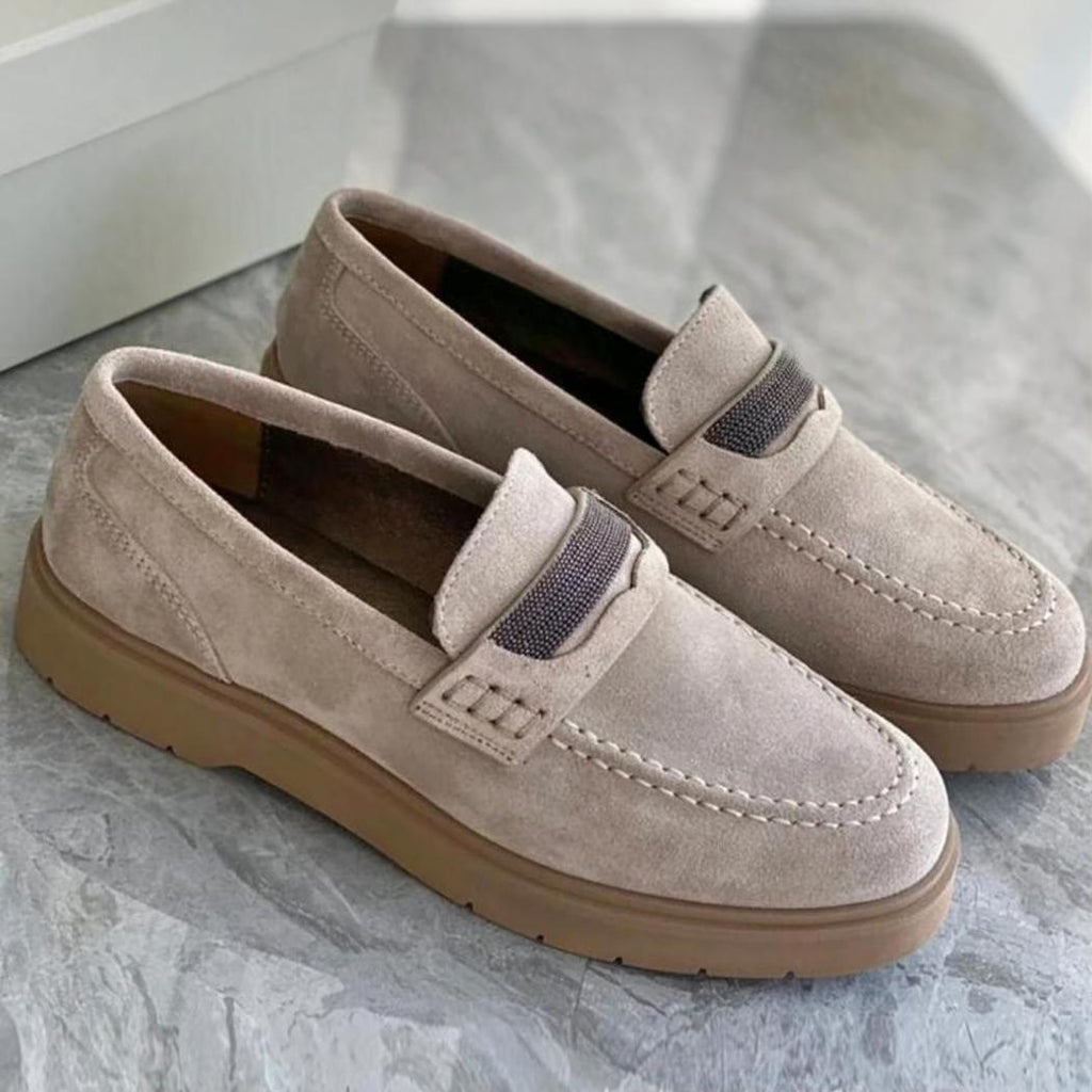 Grijze dames loafers van echt suède