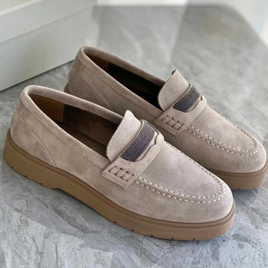 Grijze dames loafers van echt suède