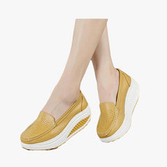 Ademende gekleurde plateau loafers voor dames, Kameel