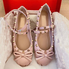 Satijnen ballerina loafers met strik en studs, Roos