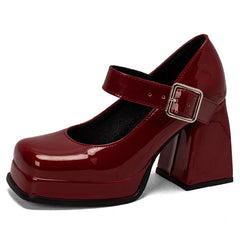 Mary Jane mocassin in laklook met blokhak, Burgundy