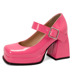 Mary Jane mocassin in laklook met blokhak, Roos