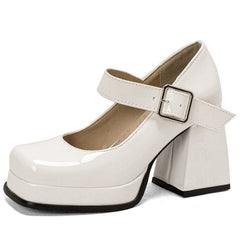 Mary Jane mocassin in laklook met blokhak, Wit
