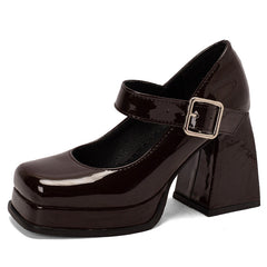 Mary Jane mocassin in laklook met blokhak, Bruin