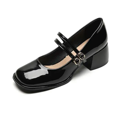 Mary Jane lak ballerina's voor dames met twee bandjes met kleine hak, Zwart