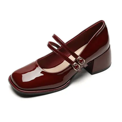Mary Jane lak ballerina's voor dames met twee bandjes met kleine hak, Burgundy