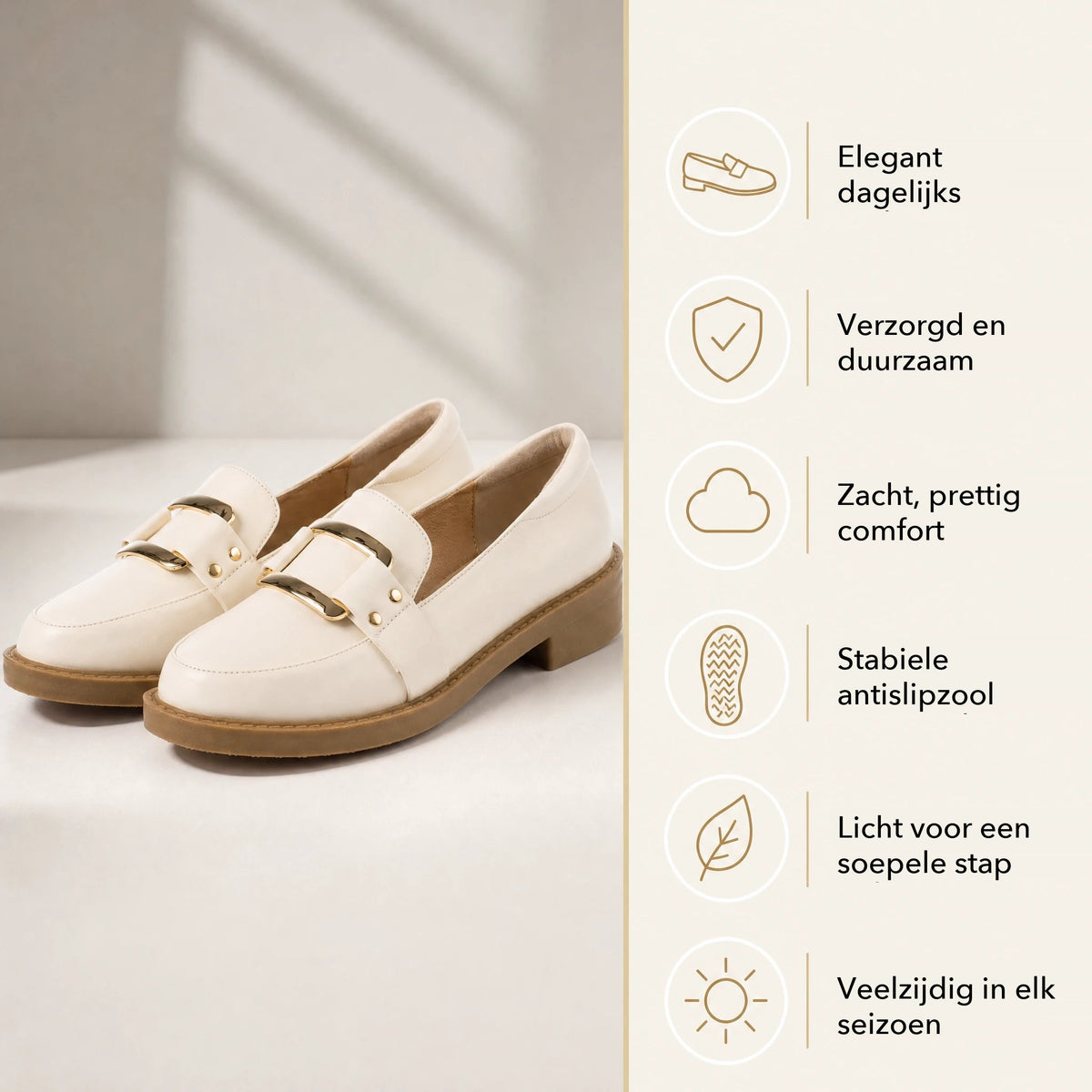 Beige mocassin met hak van 4 cm