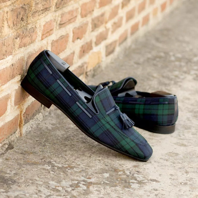 Blauwe en groene geruite kwastloafers voor heren