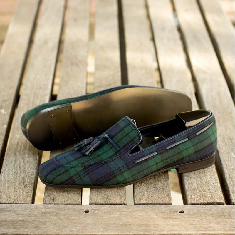 Blauwe en groene geruite kwastloafers voor heren