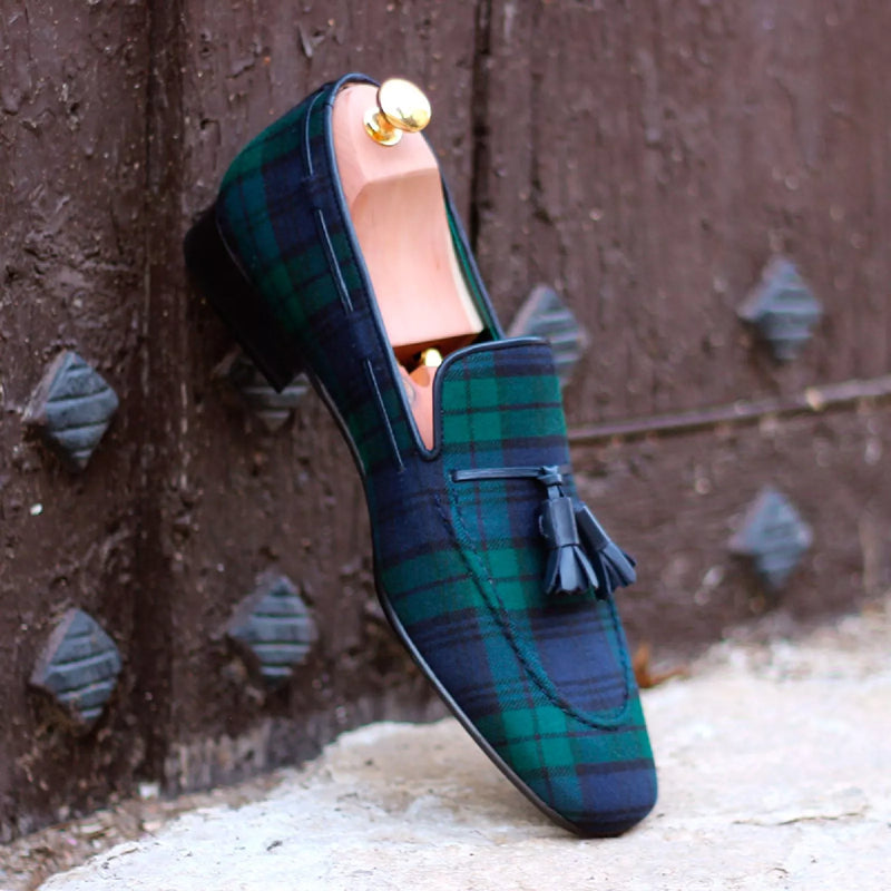 Blauwe en groene geruite kwastloafers voor heren