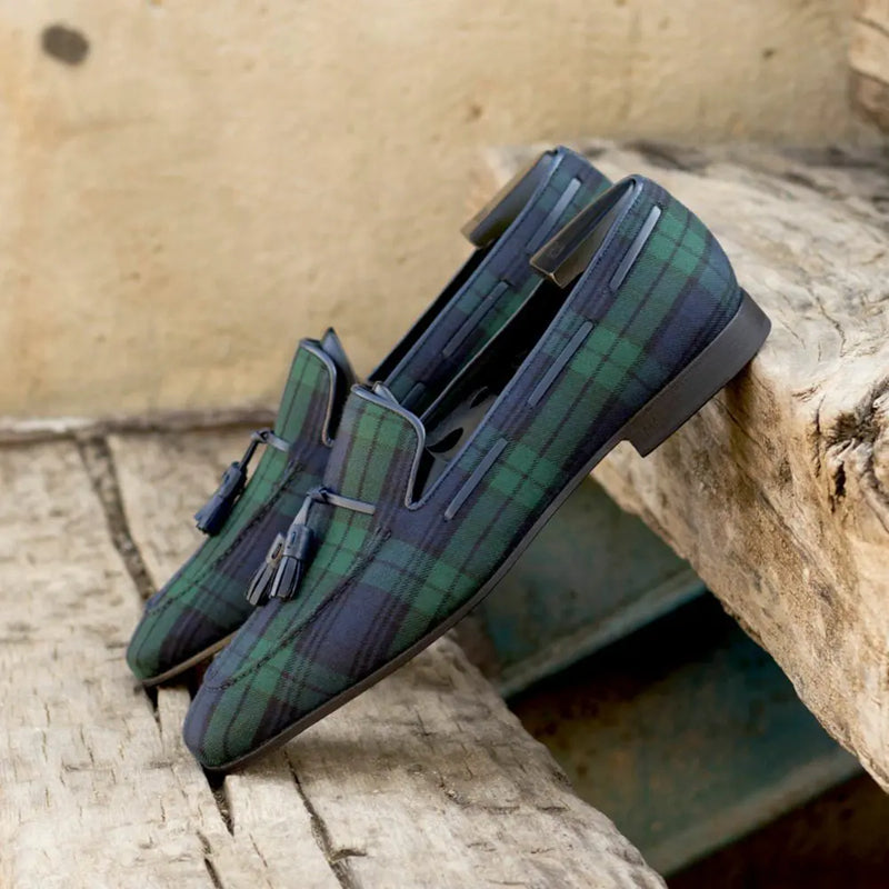 Blauw met groene geruite herenschoenen met houten onderkant