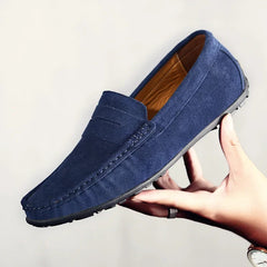 Blauwe suède herenloafers met profielzool, Marineblauw