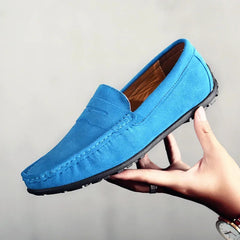 Blauwe suède herenloafers met profielzool, Azuurblauw