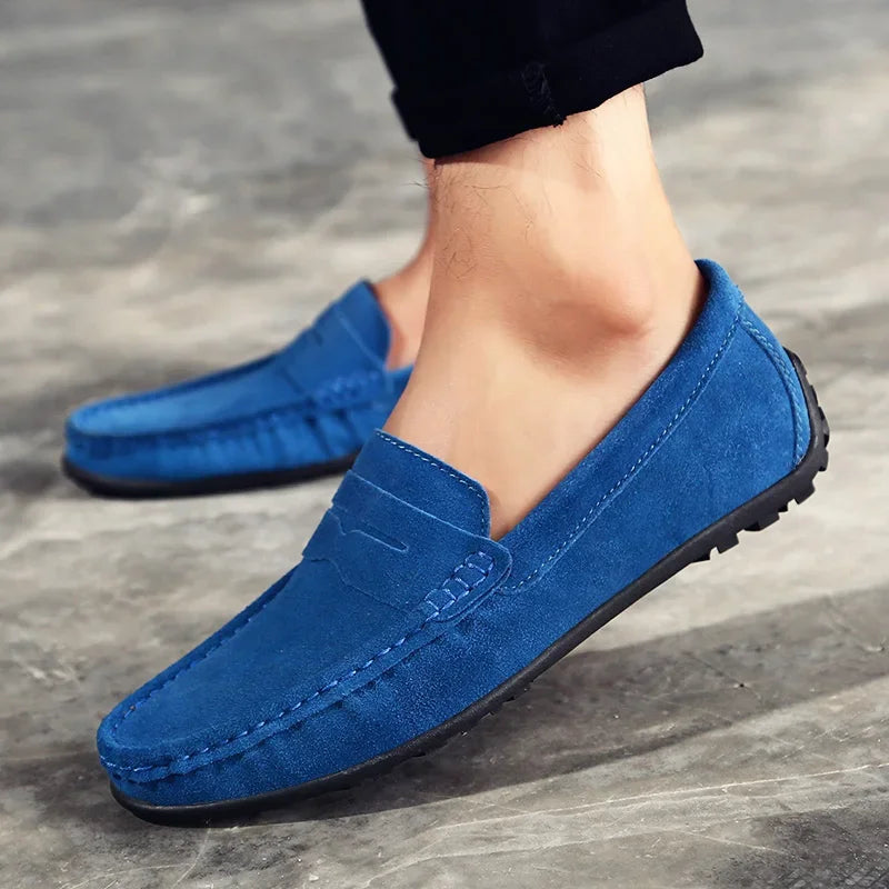 Blauwe suède loafer heren met pennybandje in donkerblauw