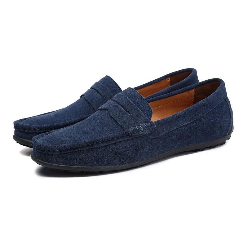 Blauwe suède loafer heren met pennybandje in turquoise