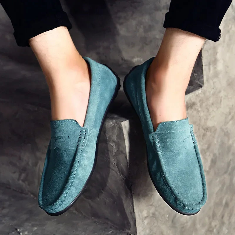 Blauwe suède loafer heren met pennybandje in groen