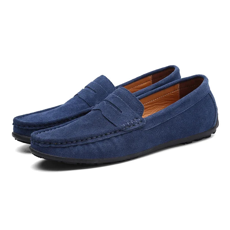 Blauwe suède loafer heren met pennybandje in donkergroen