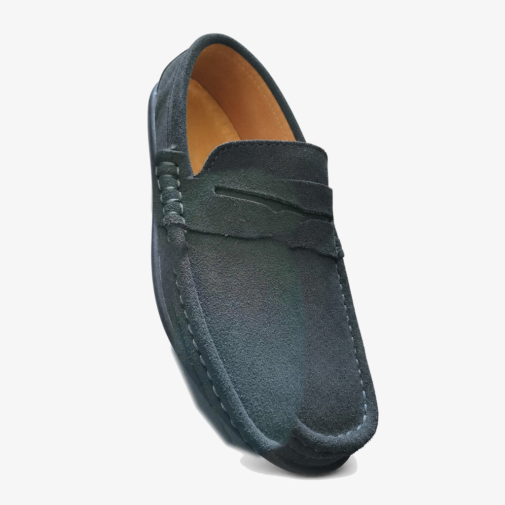 Blauwe suède loafer heren met pennybandje, detail van de zool