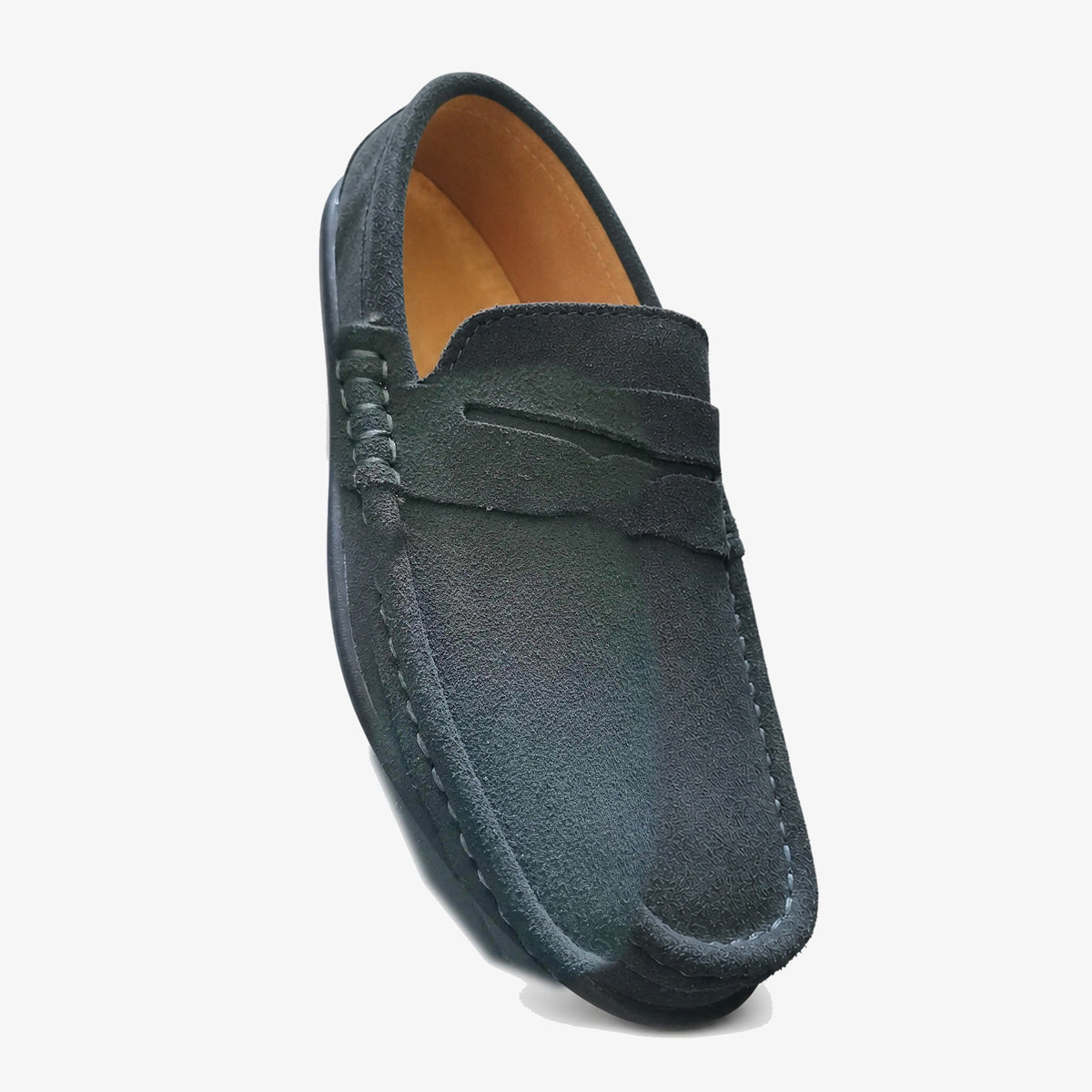 Blauwe suède loafer heren met pennybandje, detail van de zool