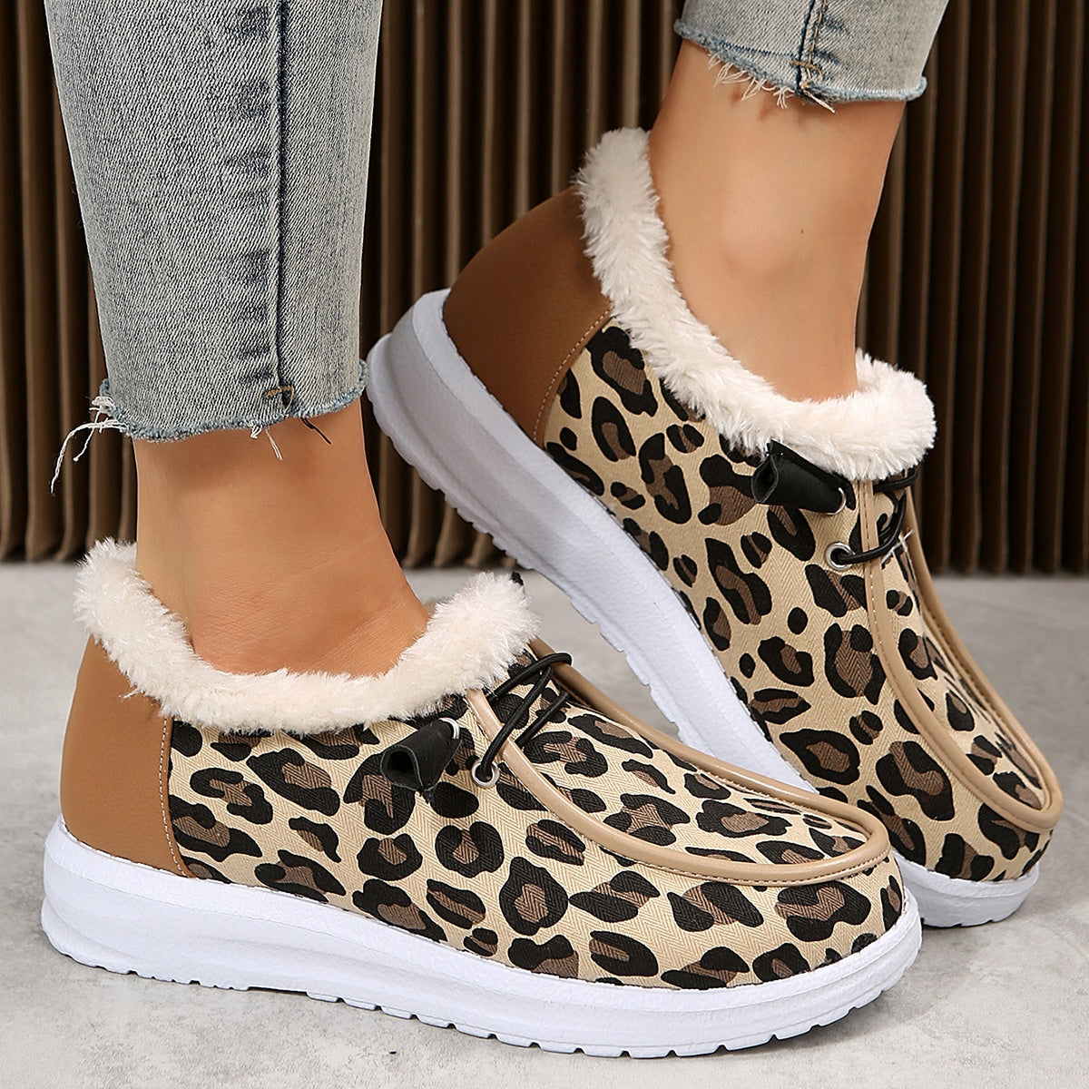 Bootschoen loafers met nepbont en luipaardprint