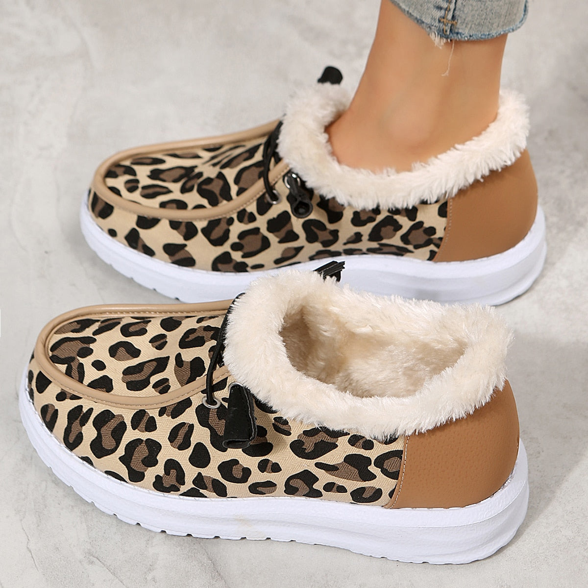 Bootschoen loafers met nepbont en luipaardprint