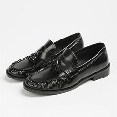 Dames loafers met kwastjes, franjes en glanzende afwerking, Zwart