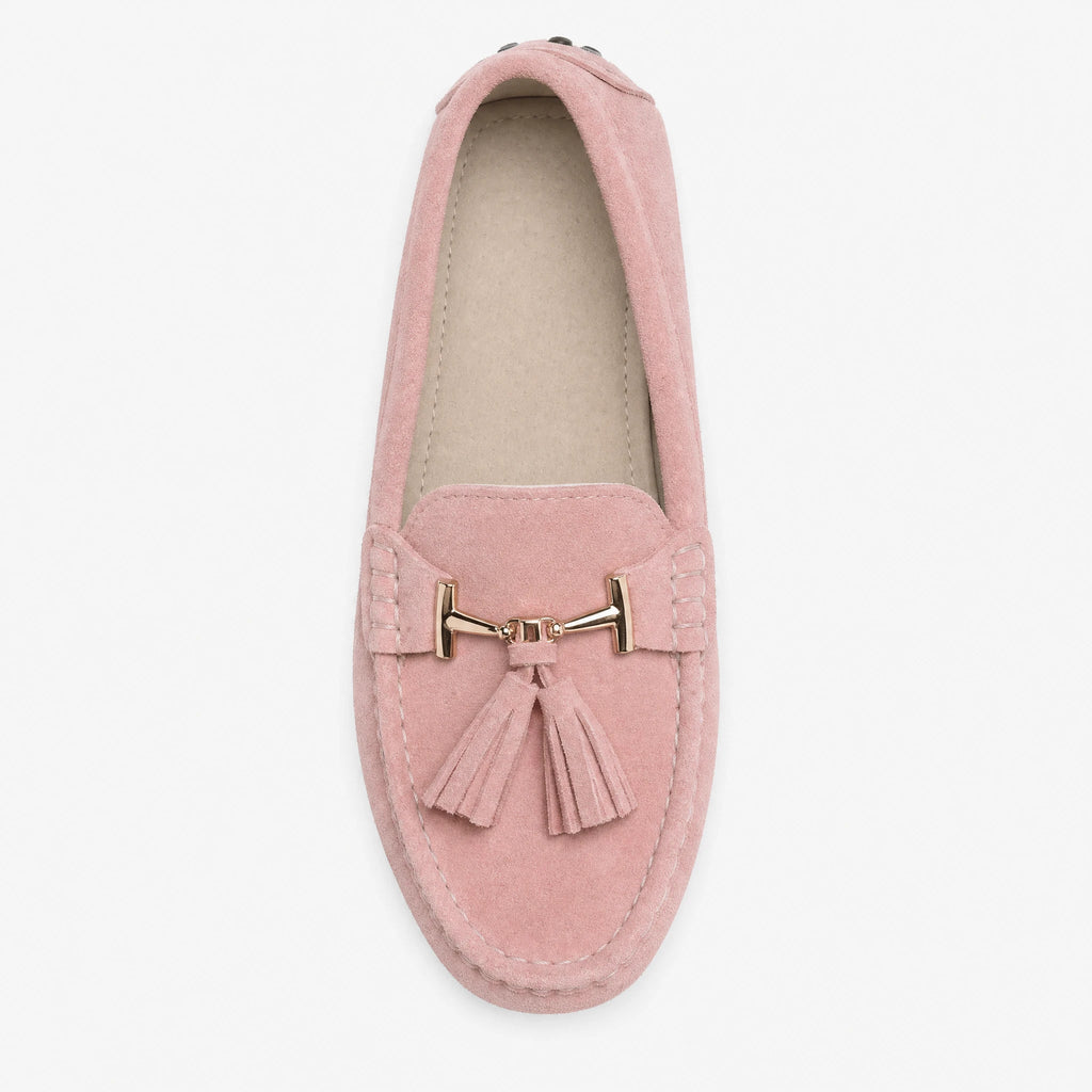 Leren damesloafer met kwast en gouden bit in fuchsia, voorkant
