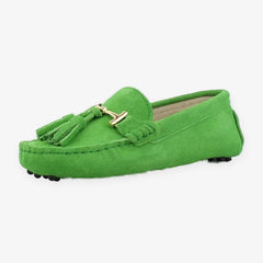 Dames loafers van leer met kwastjes en gouden bit, Groen
