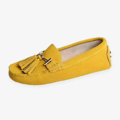 Dames loafers van leer met kwastjes en gouden bit, Geel
