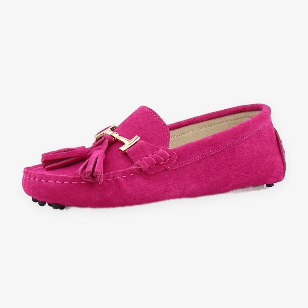 Leren damesloafer met kwast en gouden bit in turquoise, voorkant