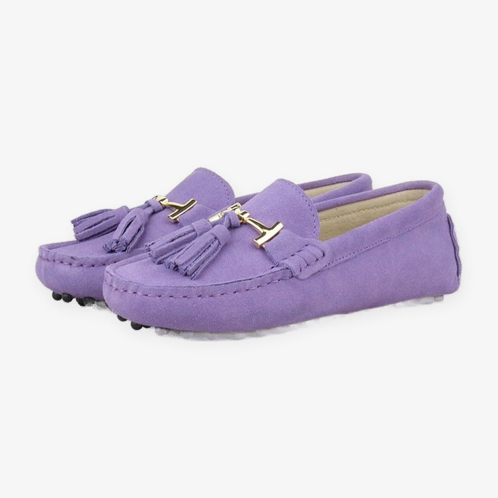 Leren damesloafer met kwast en gouden bit in oranje, schuin van voren