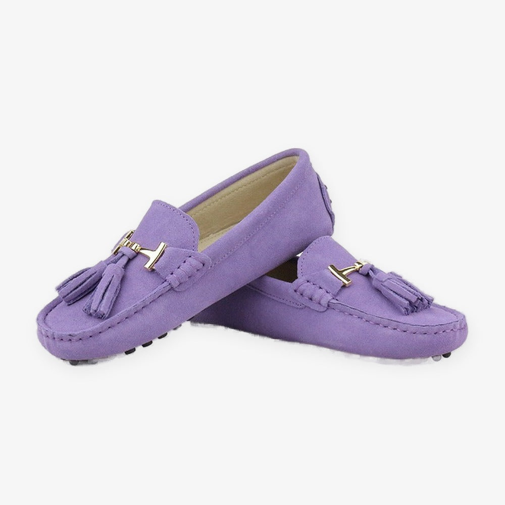 Leren damesloafer met kwast en gouden bit in geel, achterkant