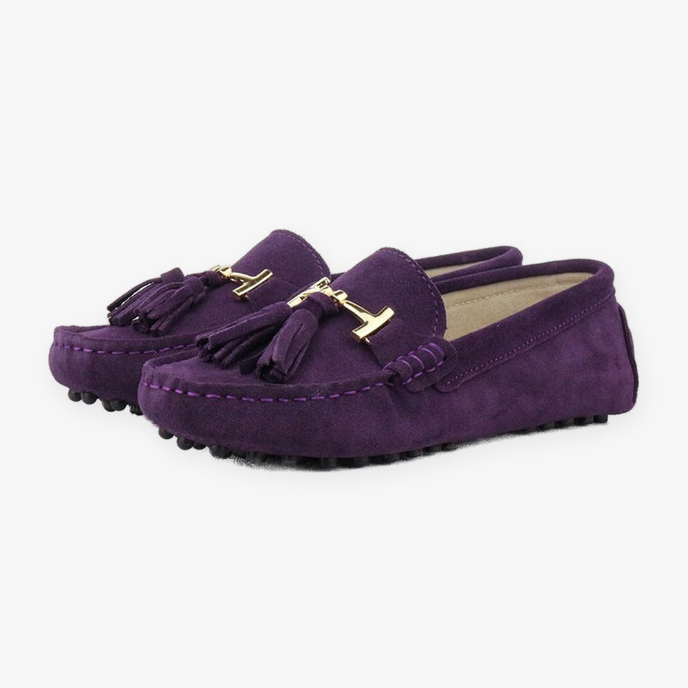 Leren damesloafer met kwast en gouden bit in fuchsia, bovenaanzicht
