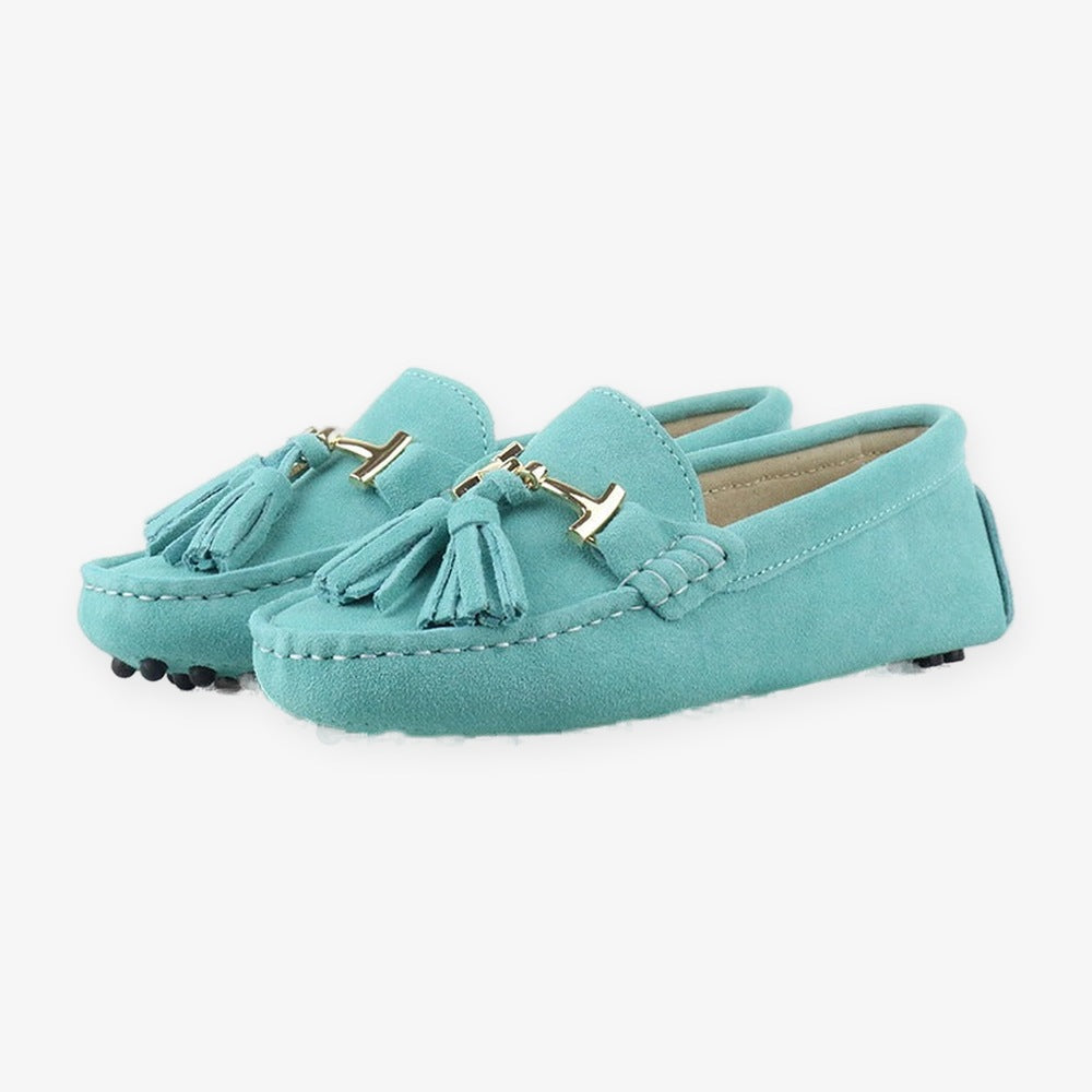 Leren damesloafer met kwast en gouden bit in lila, detail van de afwerking