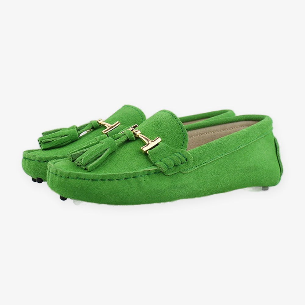 Leren damesloafer met kwast en gouden bit in turquoise, setje van het paar
