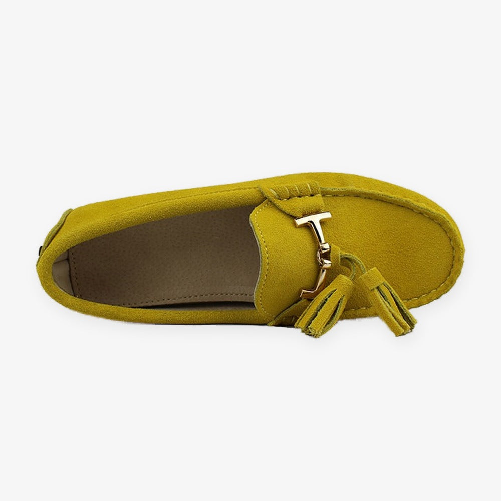 Leren damesloafer met kwast en gouden bit in geel, detail van het materiaal