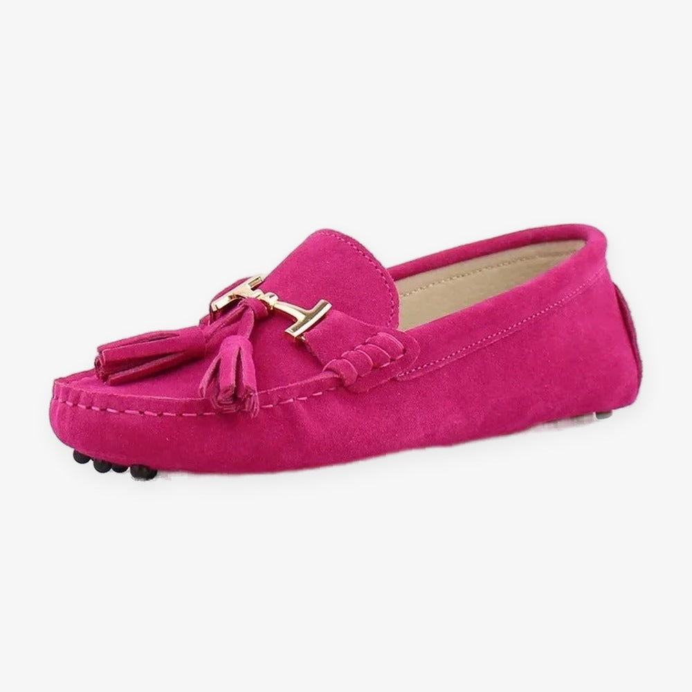 Leren damesloafer met kwast en gouden bit in turquoise, bovenaanzicht